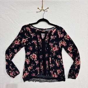 White House Black Market Black and Pink Floral Blouse